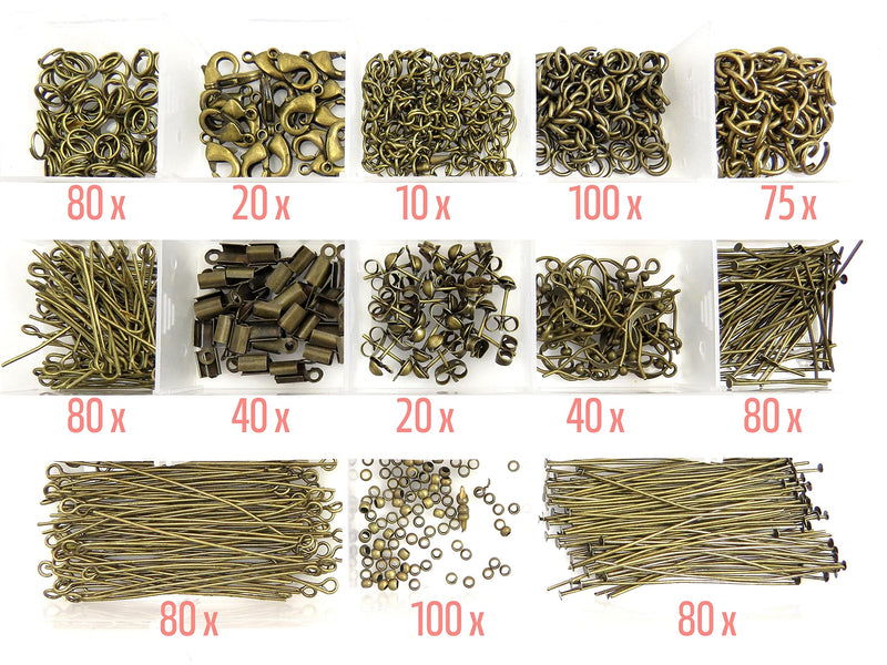 Box Collection of Antique Brass plated components, 805 pieces in 13 different styles, everything needed for jewelry making