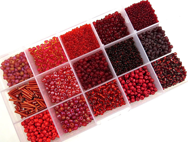 Perles de Rocaille Boîte Collection Rouge, Format no4 à 10, 15 Couleurs Assorties