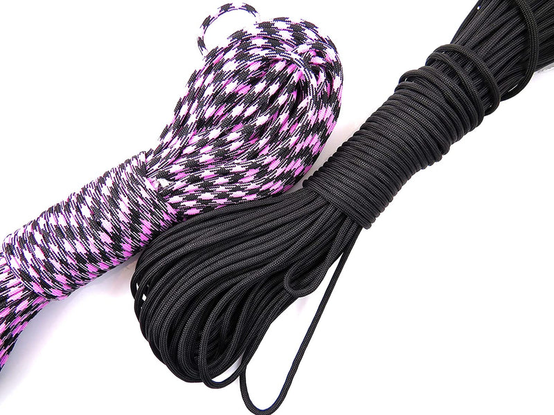 60m Paracord 330lb 7 internal strands, 10 clasps 15mm included, perfect for survival bracelets, 2 colors Black and Rose/Black