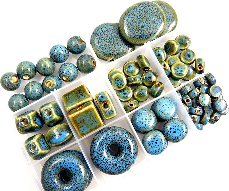 73pcs beads of Antique Ceramic Glaze Porcelain with storage box, 8 styles Size from 6 to 30mm, Blue Collection