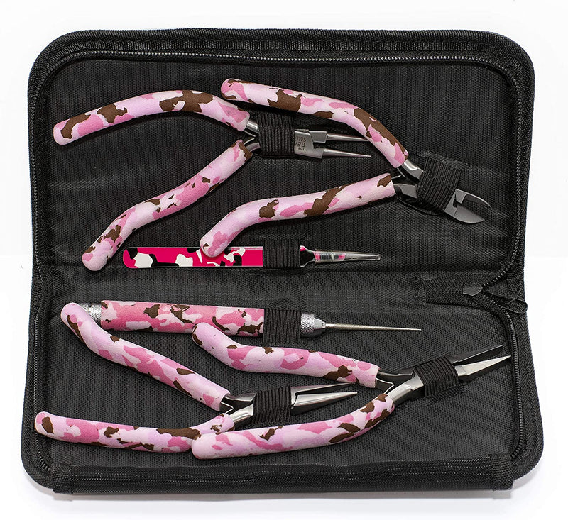 Ensemble d'outils Pink Camouflage de Beadsmith avec poignées conforts courbées. Le coffret de rangement contien 4 pinces, 1 alésoir et un pincette.